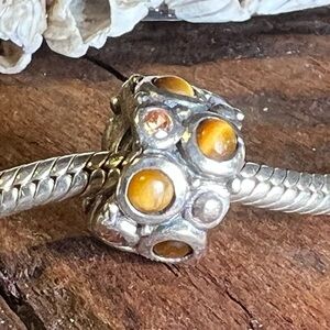 Authentic Chamilia Charm Brown Tiger’s Eye Cabochon Swarovski Smoky Crystals 925